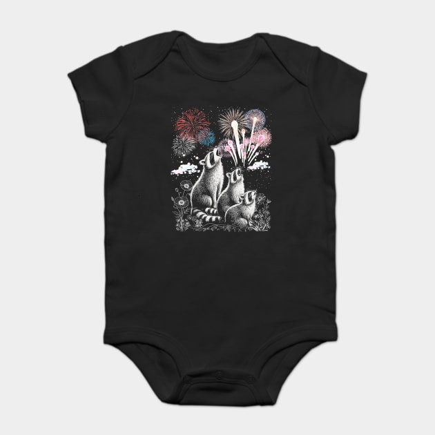 3 Racoon Fourth Of July Fireworks Funny Raccoon Head Howling Baby Bodysuit by JessArty